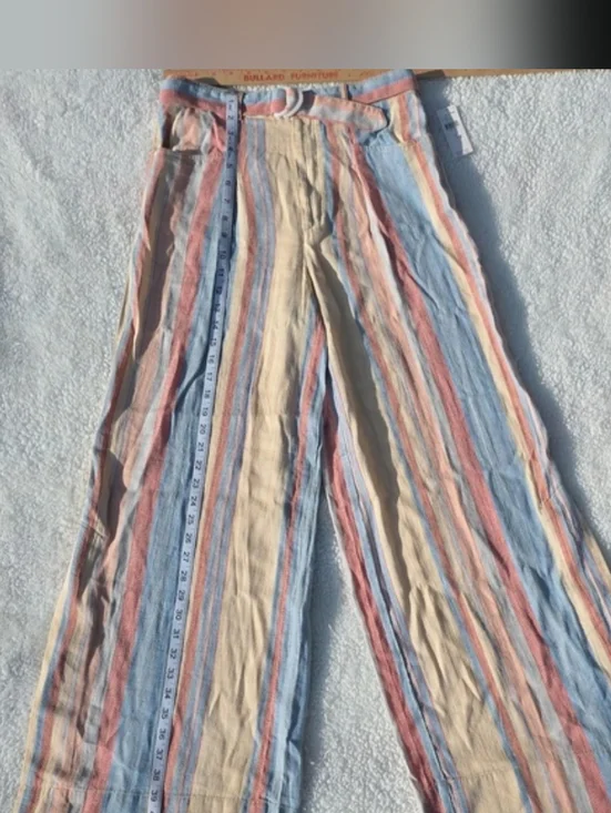 NWT Anthropologie Beachy Wide-Leg Pants w Belt Size 4 Yellow Blue Linen Pockets - Picture 7 of 16